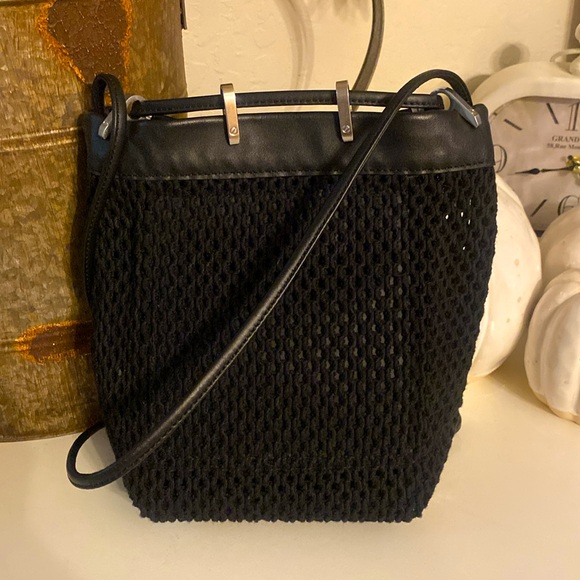 Rag and Bone Black net Dayton drawstring bucket crossbody bag with leather trim - Picture 3 of 13